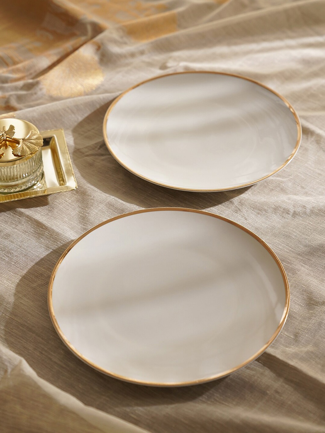 

Pure Home and Living 2 Pieces White & Golden Porcelain Glossy Plates