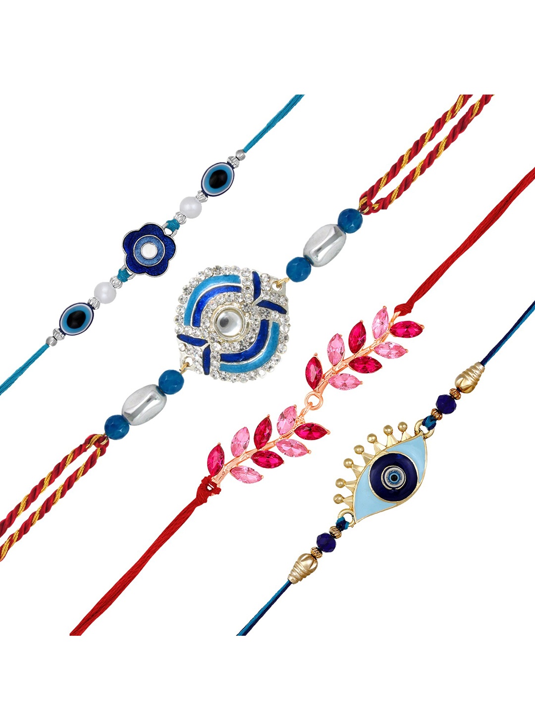 

Mahi men Set Of 4 Evil Eye & Leafy Charm Rakhi, Blue