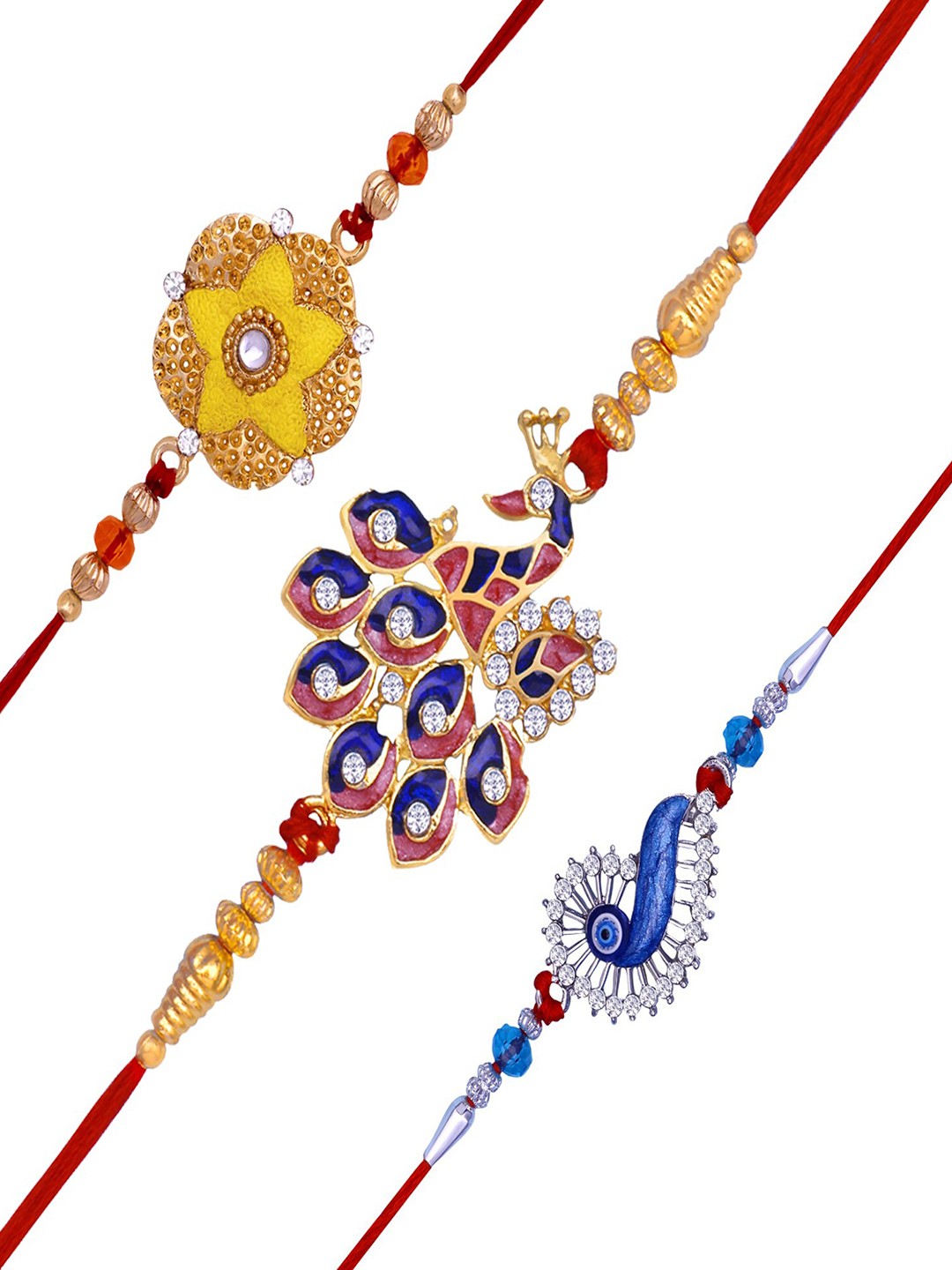 

Mahi Set Of 3 Floral Evil Eye & Peacock Thread Rakhis, Gold