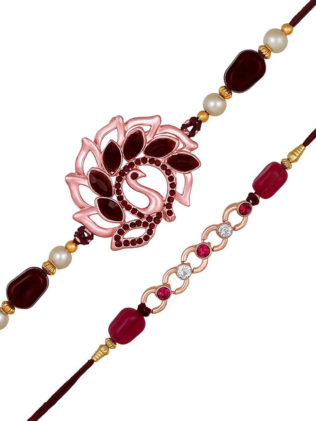 

Mahi Set Of 2 Elegant Peacock Charm Tie-Up Rakhis, Rose gold