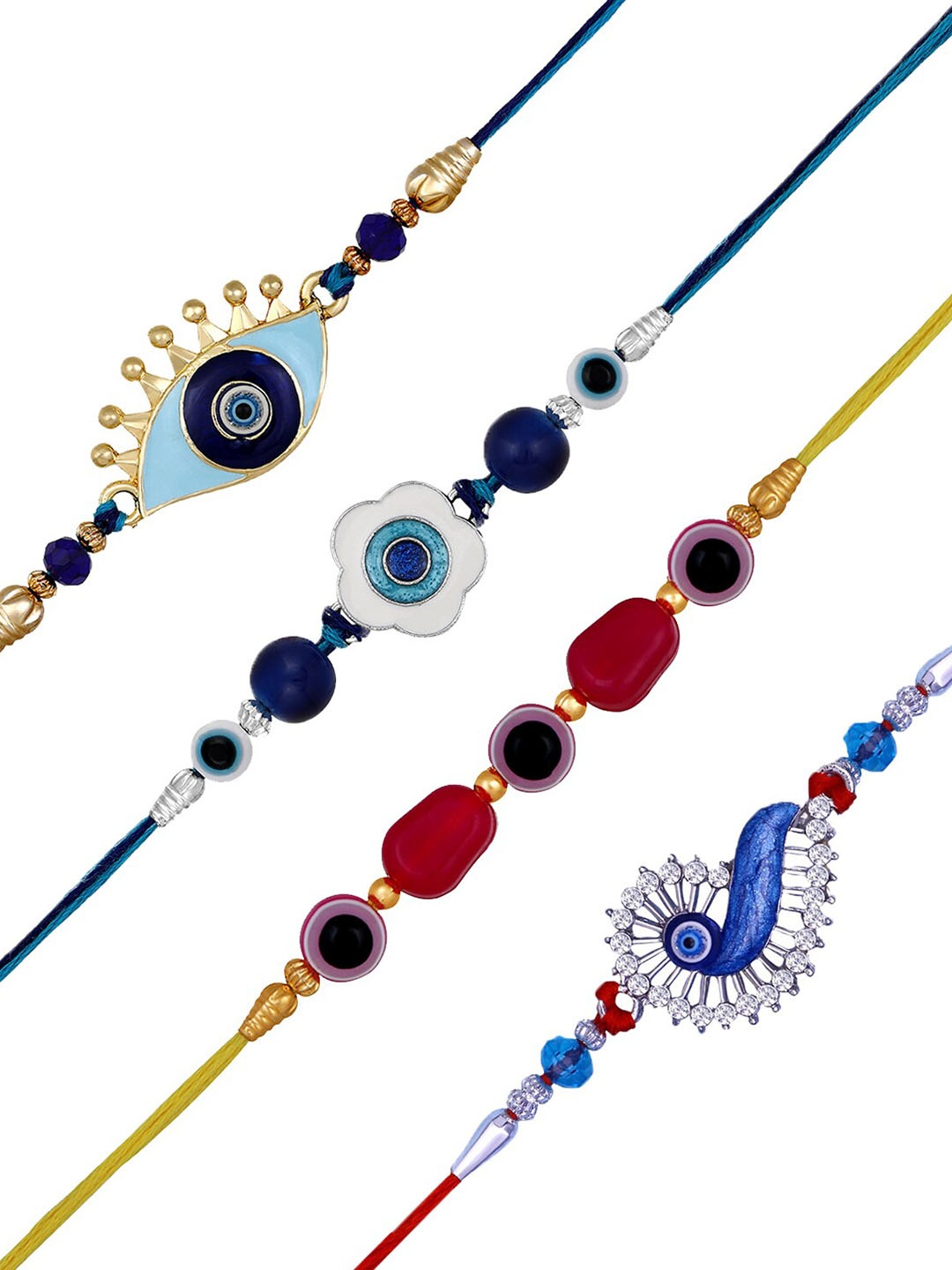 

Mahi Set Of 4 Evil Eye Charm & Beaded Thread Rakhis, Blue