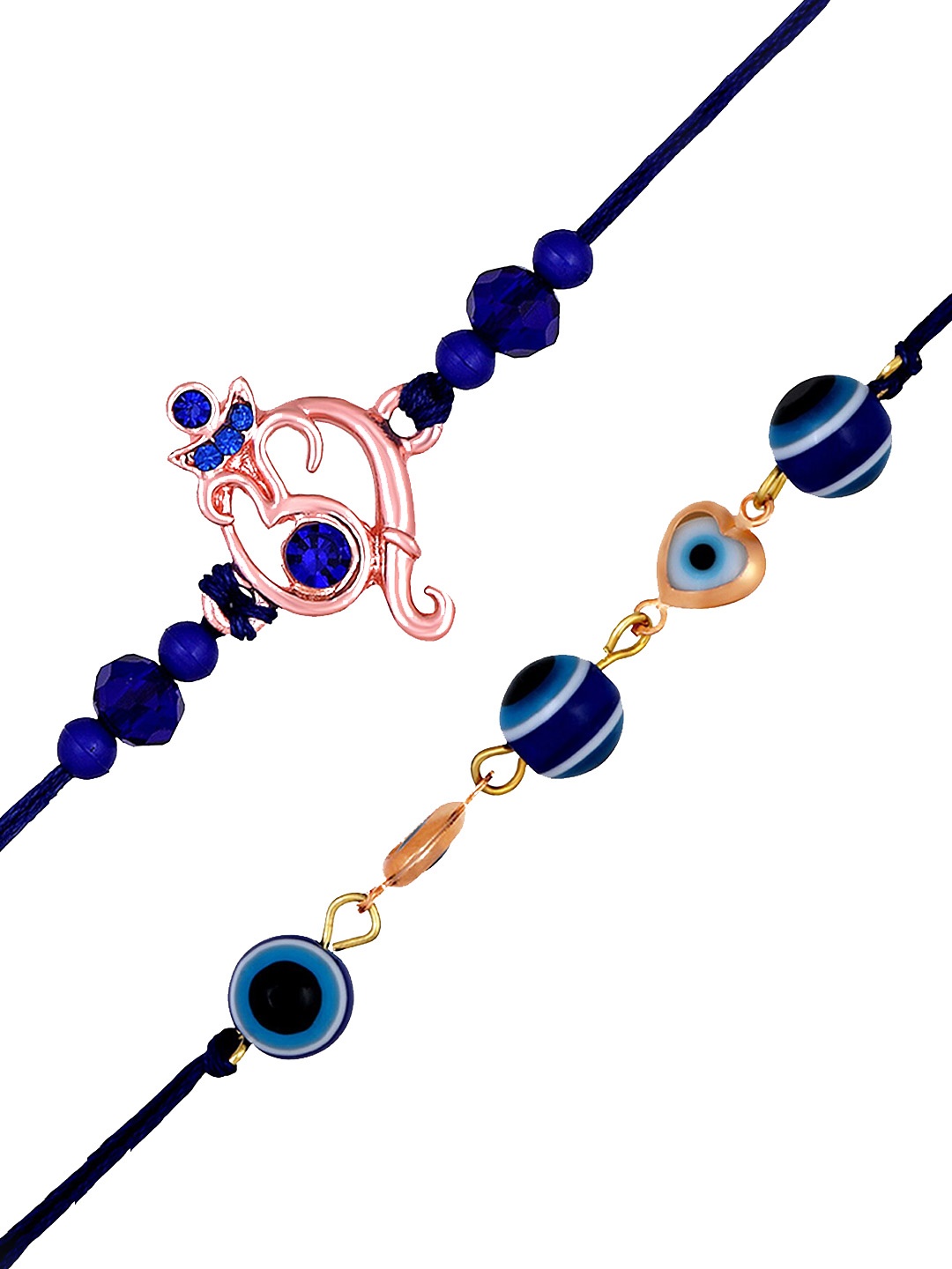 

Mahi Set Of 2 Ganesh & Evil Eye Charm Thread Rakhis, Rose gold