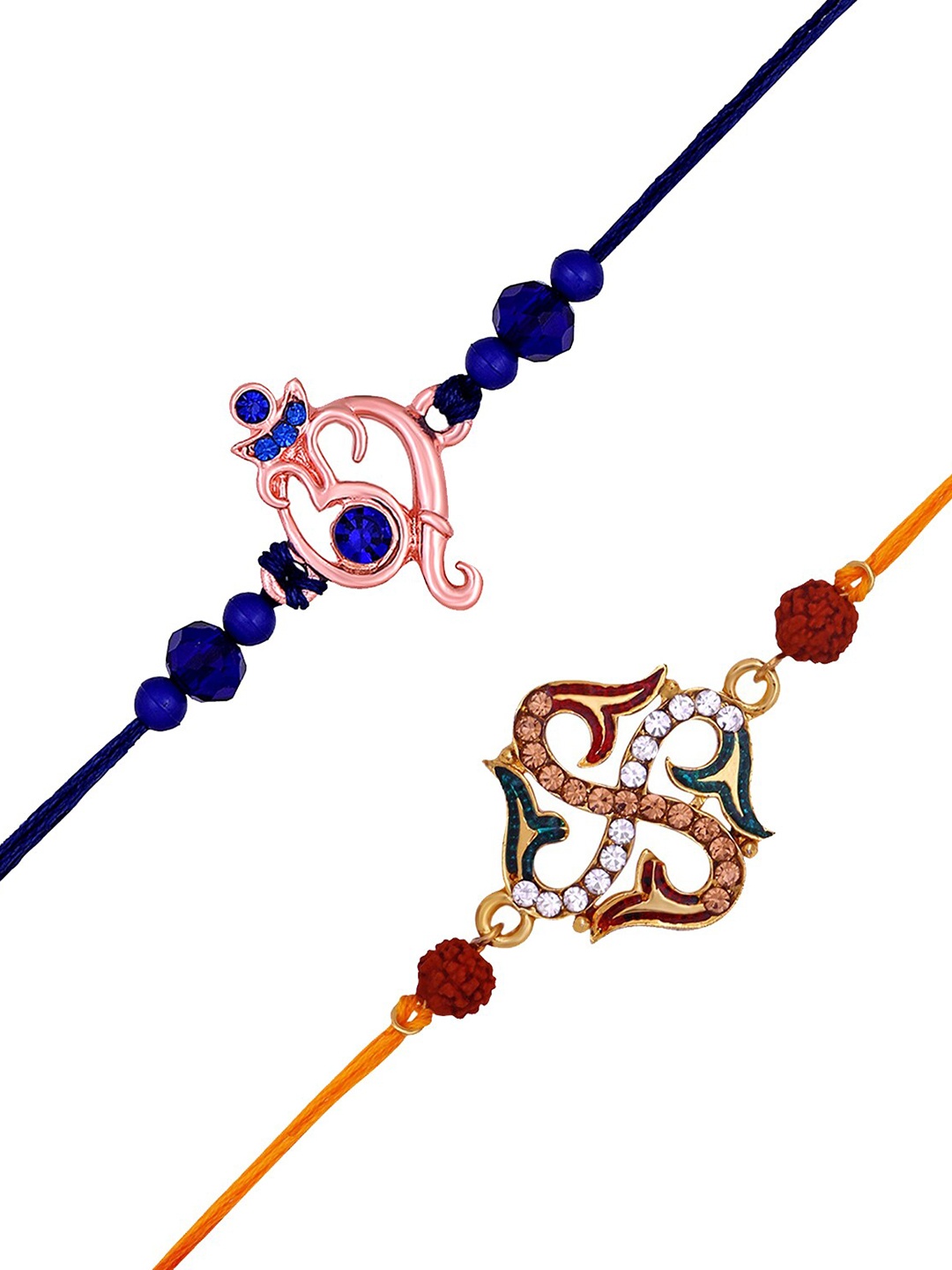 

Mahi Set Of 2 Stone-Studded & Beaded Ganesha & Swastik Rakhi, Blue