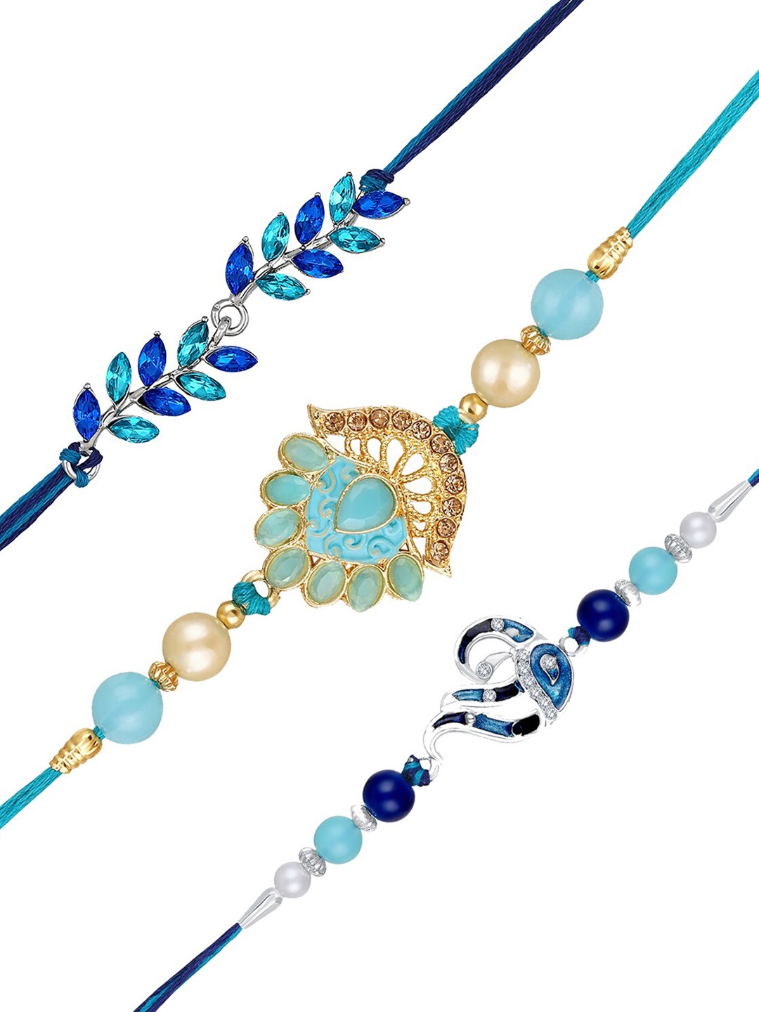 

Mahi Set Of 3 Floral, Leaf & Peacock Charm Shaped Thread Rakhis, Blue