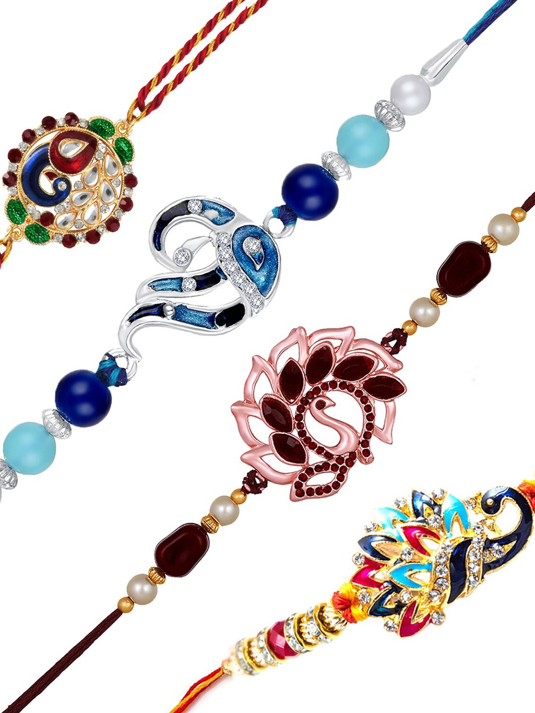 

Mahi Set Of 4 Stone-Studded Crystals Peacock Shaped Rakhis, Maroon