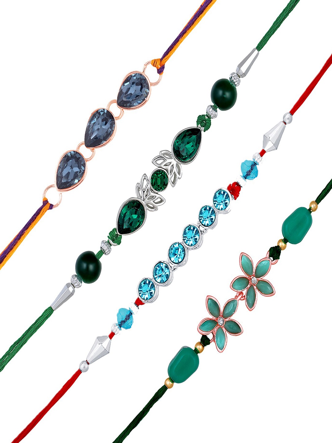 Mahi Set Of 4 Elegant Stone-Studded Charm Tie-Up Rakhis, Green