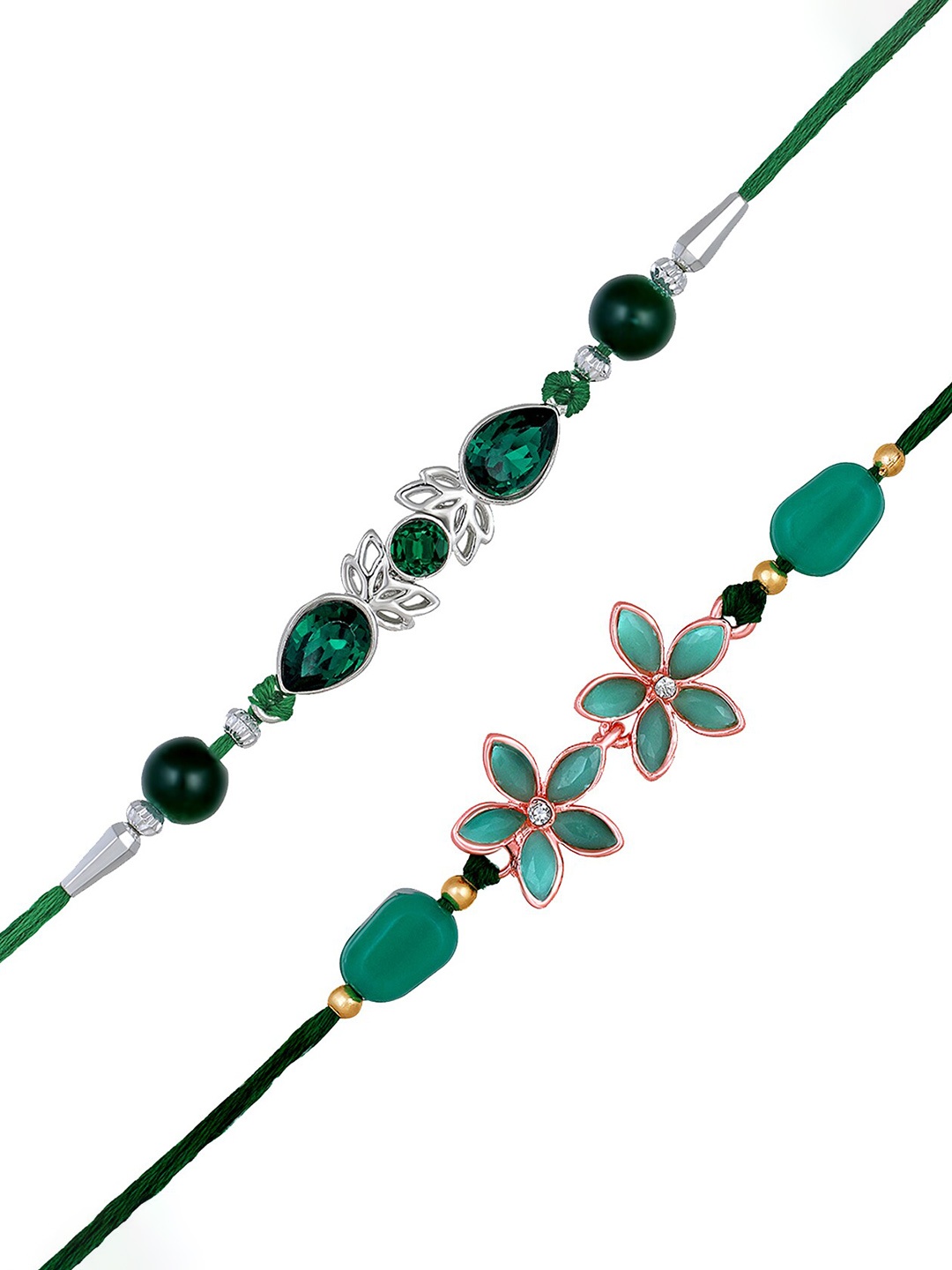

Mahi men Set Of 2 Floral & Stone Studded Charm Rakhi, Green