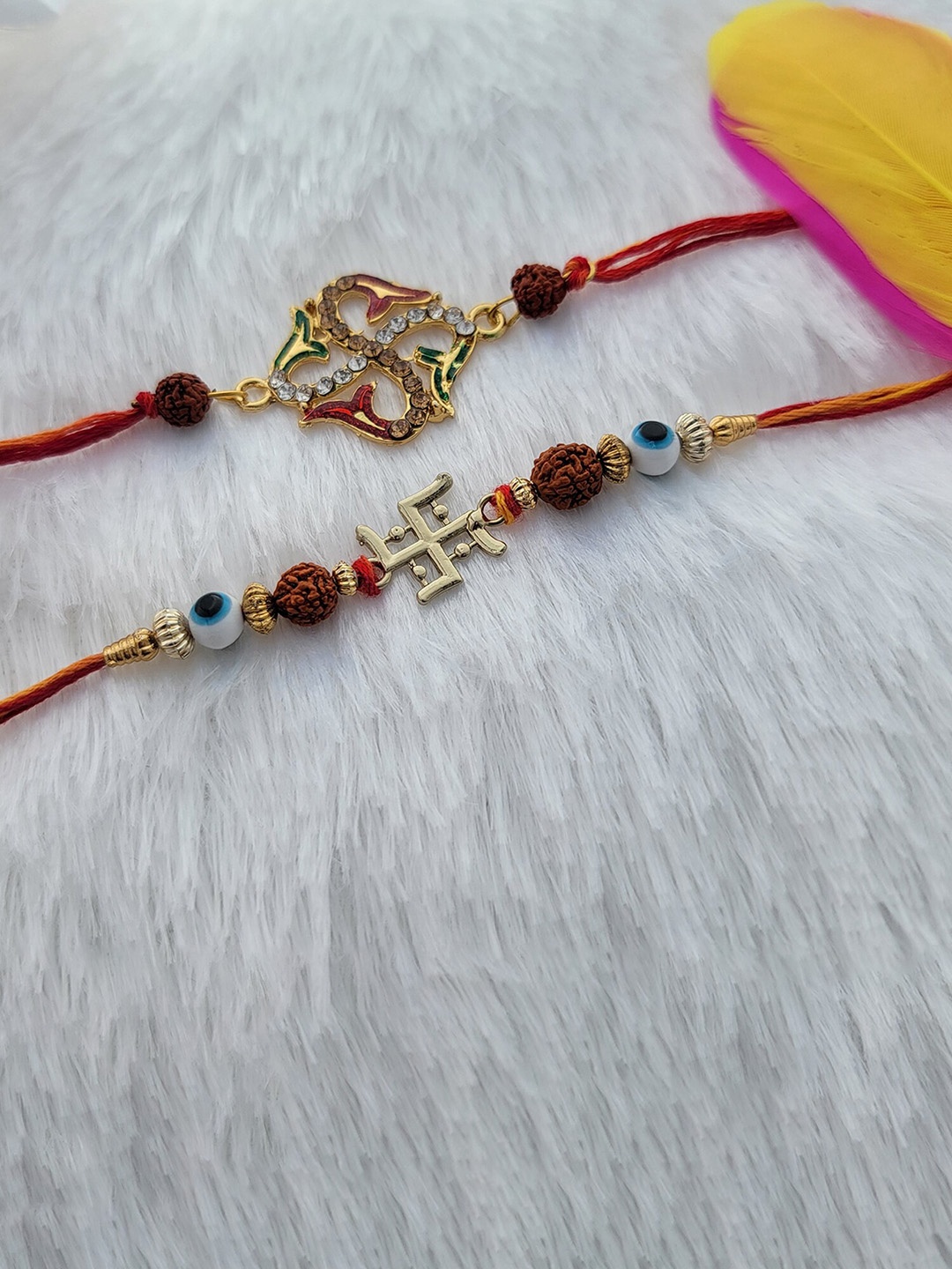 

Mahi Set of 2 Stone-Studded & Beaded Rakhi, Red