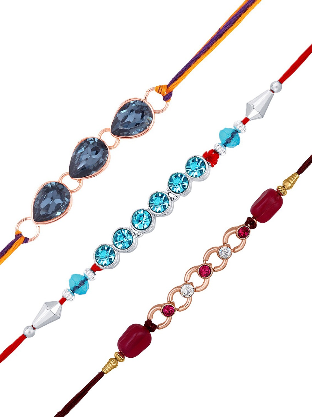 

Mahi Set Of 3 Stone-Studded & Beaded Thread Rakhi, Red