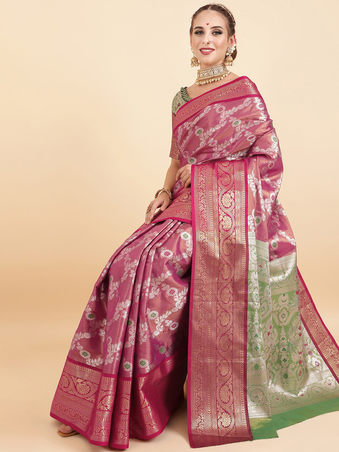 

Mitera Pink & Green Ethnic Motifs Woven Design Zari Banarasi Saree