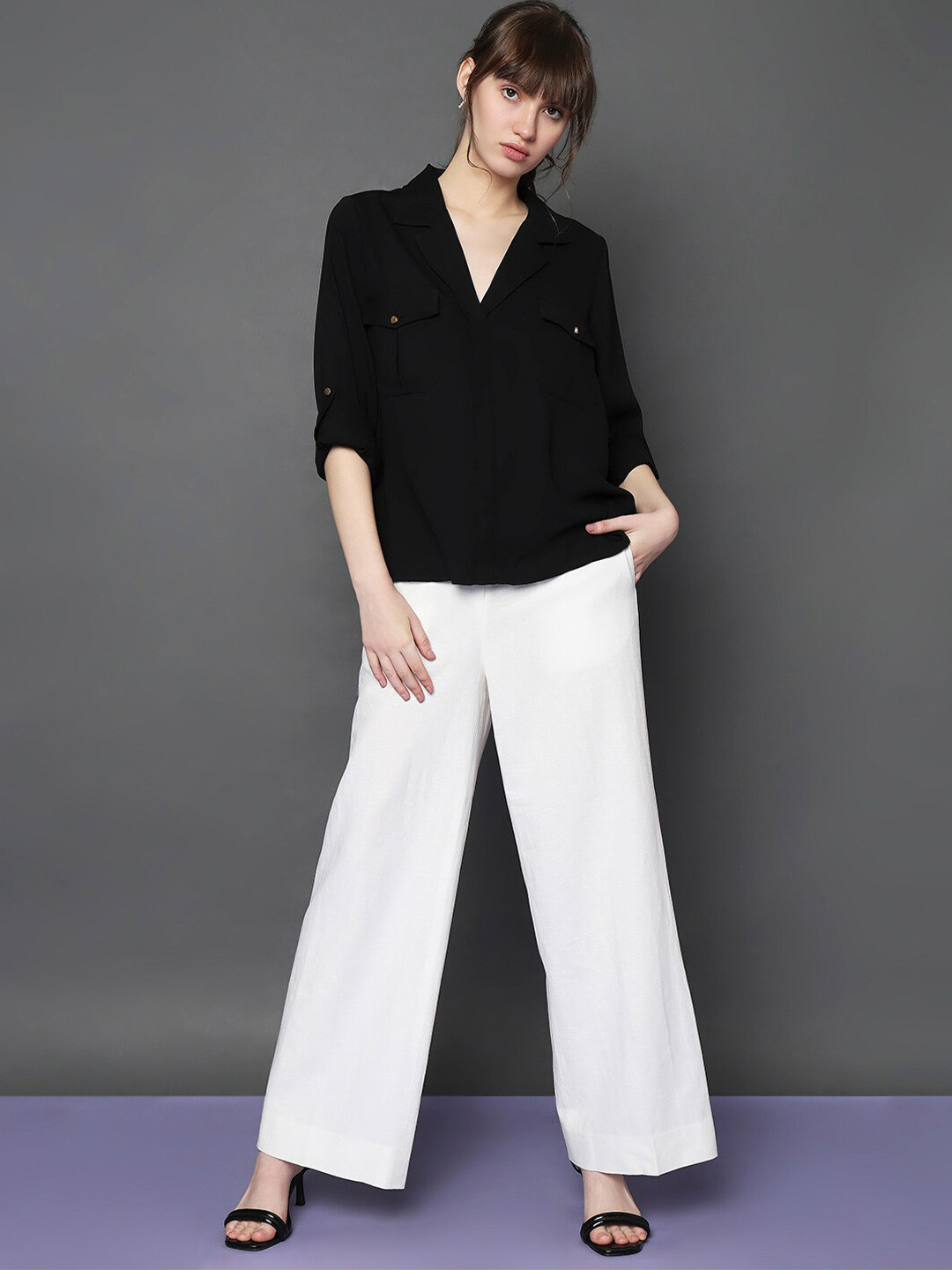 

Vero Moda Notch Lapel Collar Roll-Up Sleeves Regular Fit Casual Shirt, Black