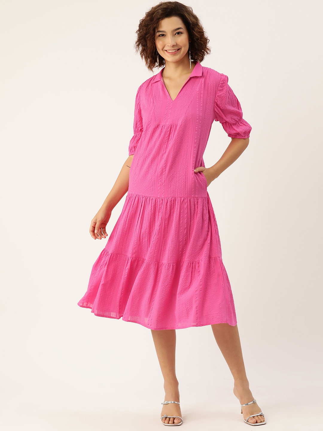 

MISRI Seersucker A-Line Midi Dress, Pink