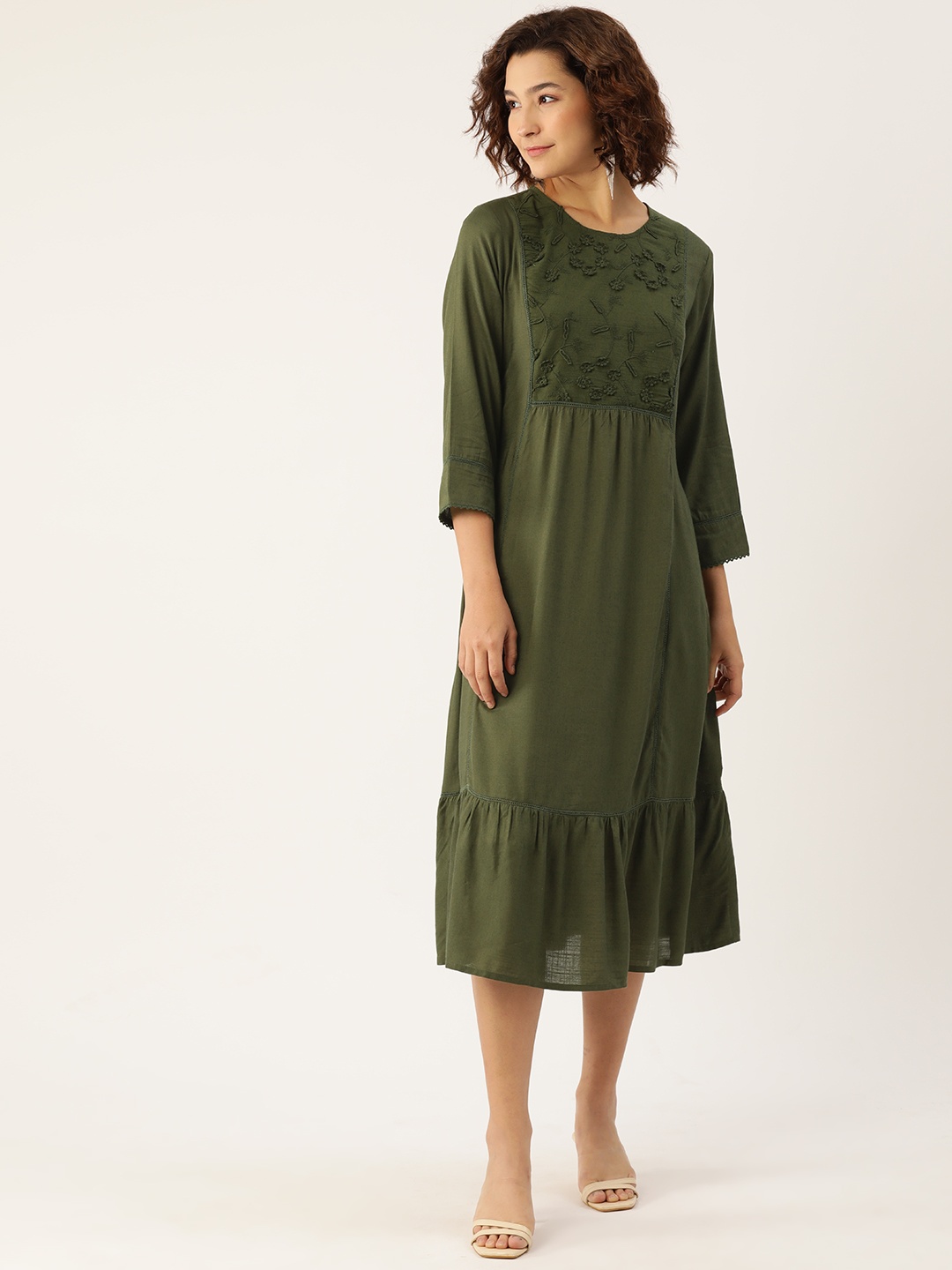 

MISRI Floral Embroidered A-Line Midi Dress, Green