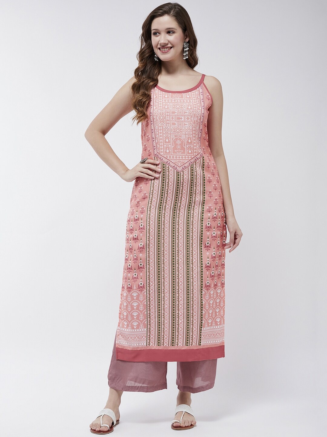 

Pannkh Sleeveless Geometric Striped Kurta, Pink