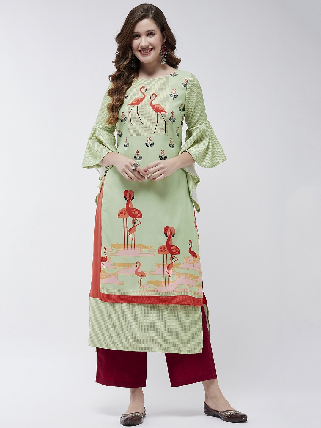 

Pannkh Quirky Printed Flared Sleeves Kaftan Kurta, Green