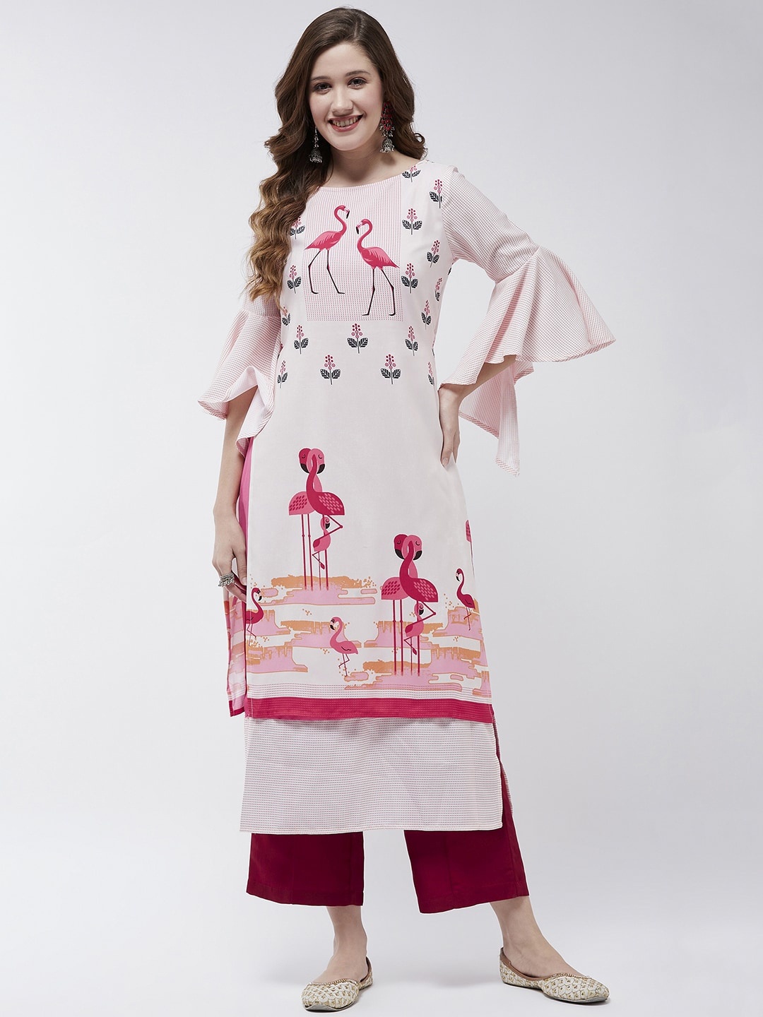 

Pannkh Quirky Printed Flared Sleeves Kurta, Off white