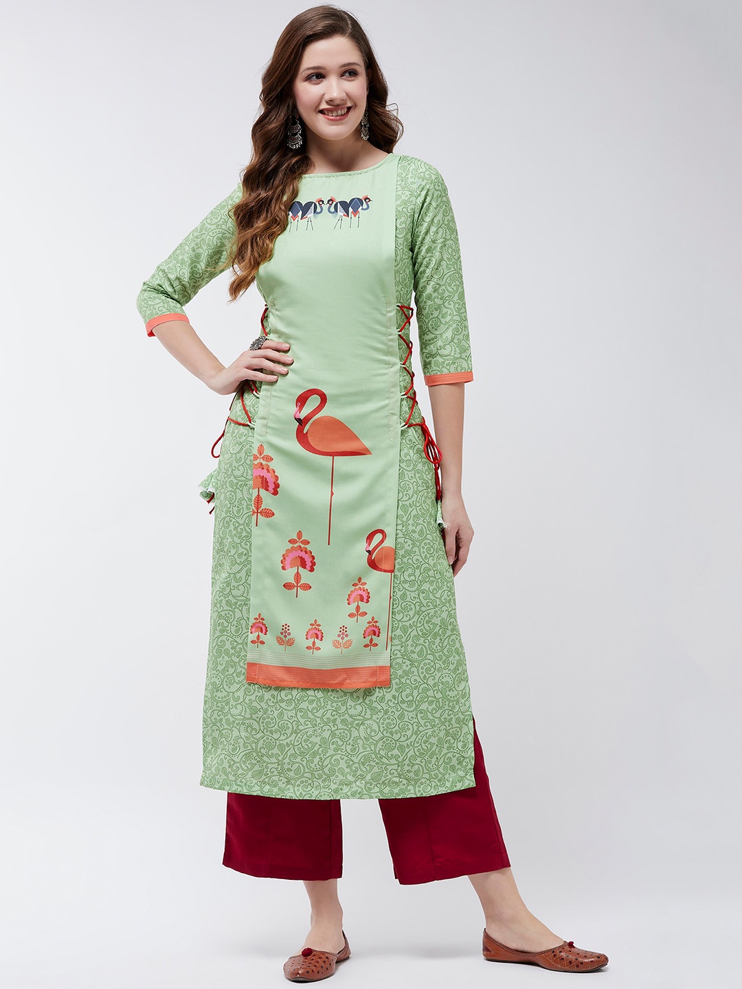 

Pannkh Flamingo Printed Kurta, Green