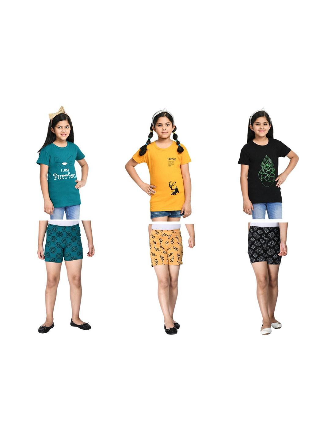 

BAESD Girls Pack Of 3 Printed T-shirt with Shorts, Black