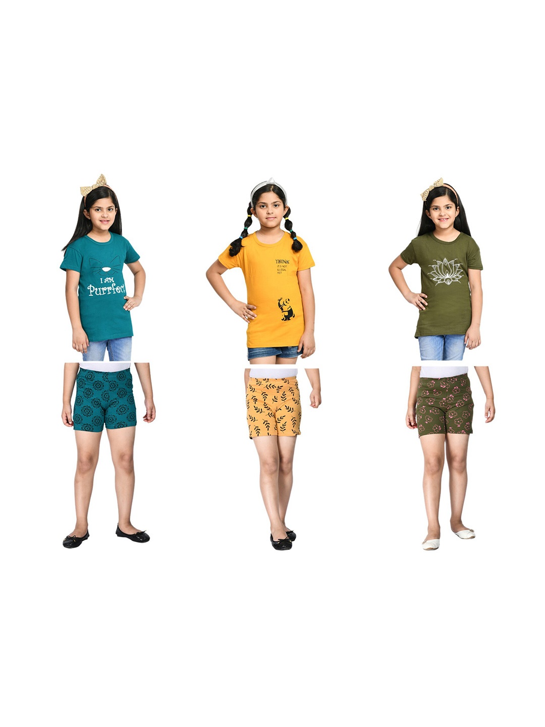 

BAESD Girls Pack Of 3 Printed T-shirt With Shorts, Green
