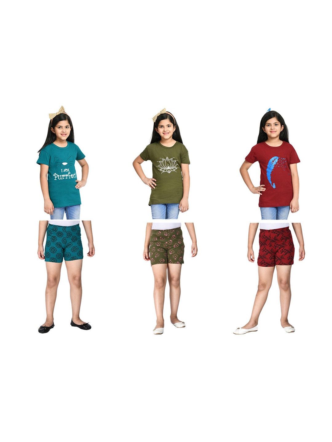 

BAESD Girls Pack Of 3 Printed T-shirt With Shorts, Teal