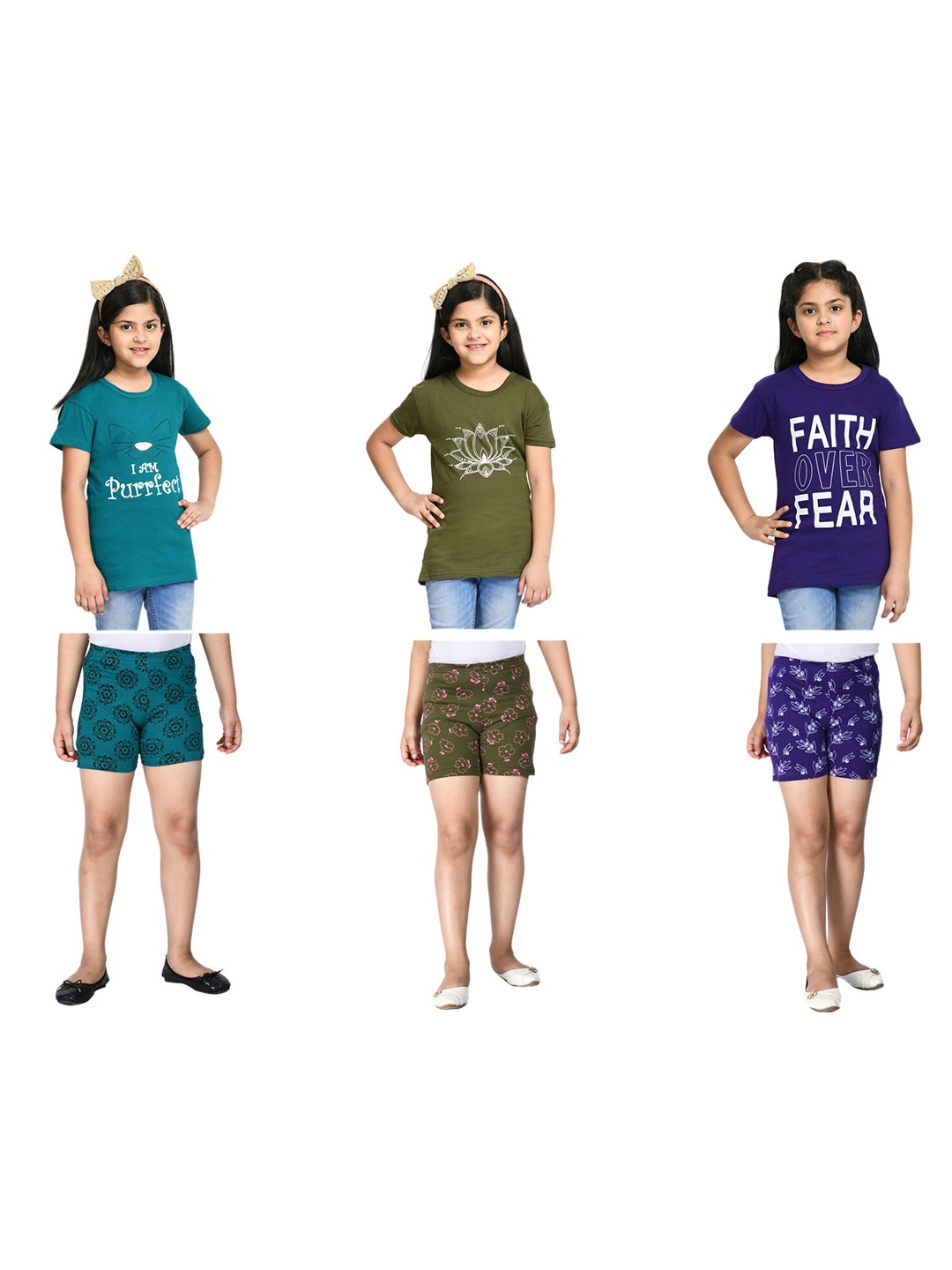 

BAESD Girls Pack of 3 Printed T-shirt with Shorts, Blue