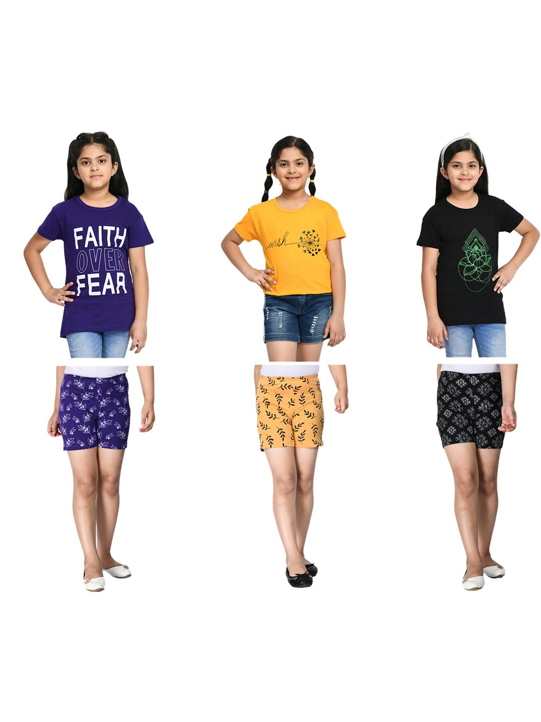 

BAESD Girls Pack Of 3 Printed T-Shirt With Shorts, Yellow
