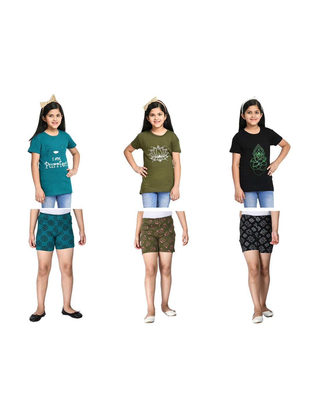 

BAESD Girls Pack Of 3 Printed Pure Cotton T-shirt With Shorts, Teal