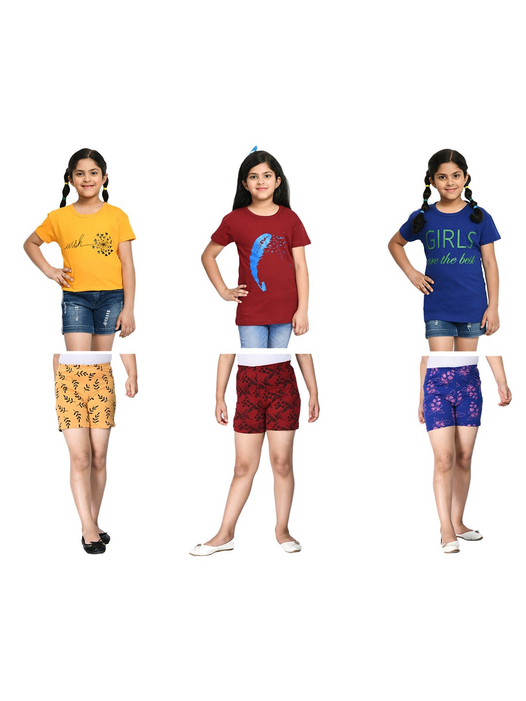 

BAESD Girls Pack Of 3 Printed Pure Cotton T-shirt With Shorts, Yellow