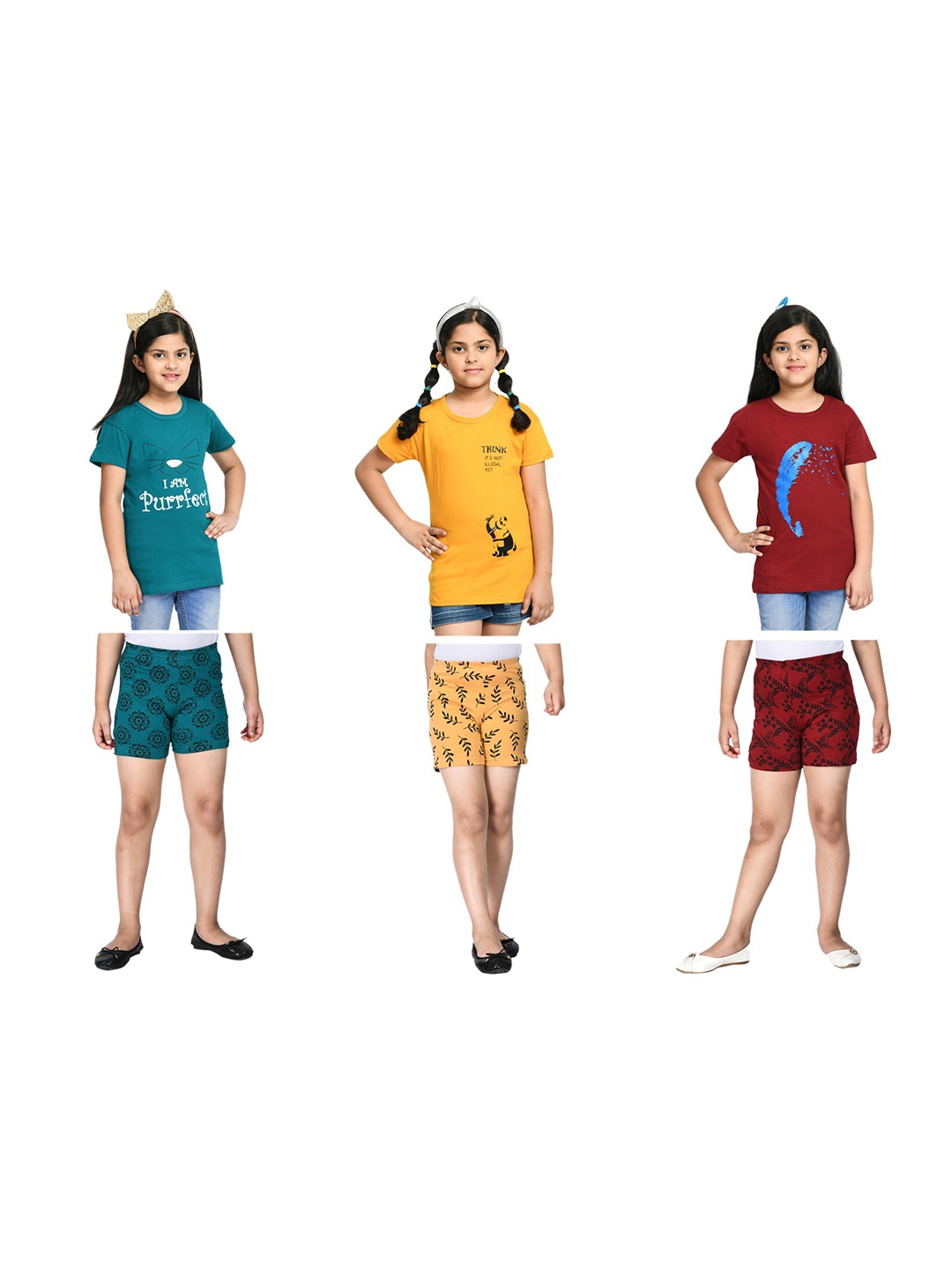 

BAESD Girls Pack Of 3 Printed Cotton T-shirt with Shorts, Maroon