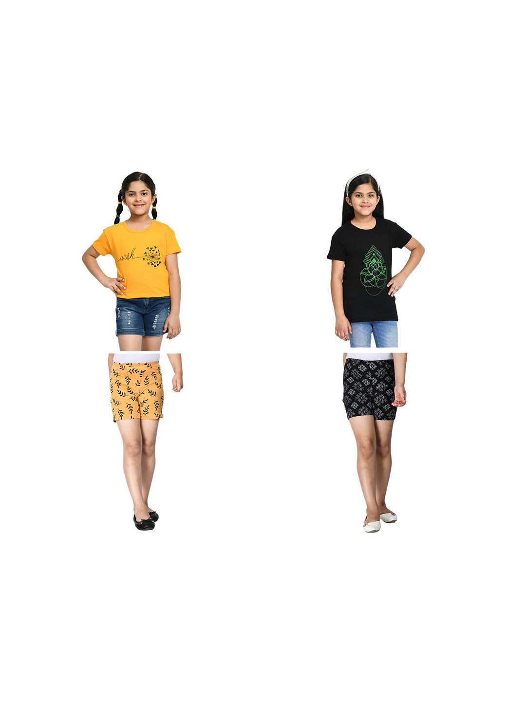 

BAESD Girls Pack Of 2 Graphic Printed Pure Cotton T-shirt with Shorts, Yellow