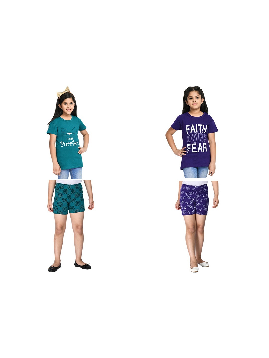 

BAESD Girls Pack Of 2 Typography Printed Pure Cotton T-shirt With Shorts, Blue