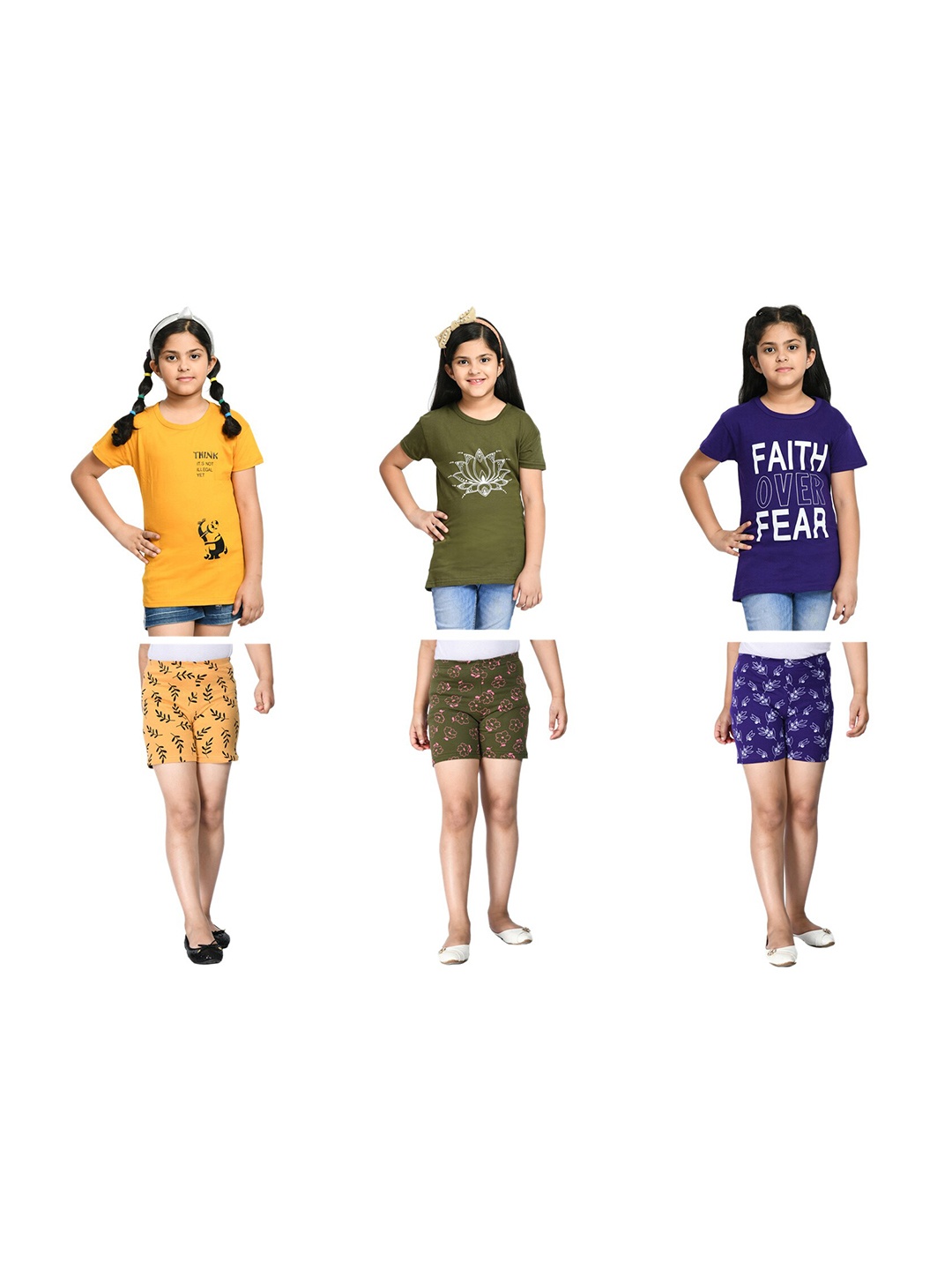 

BAESD Girls Pack Of 3 Printed T-shirt With Shorts, Yellow