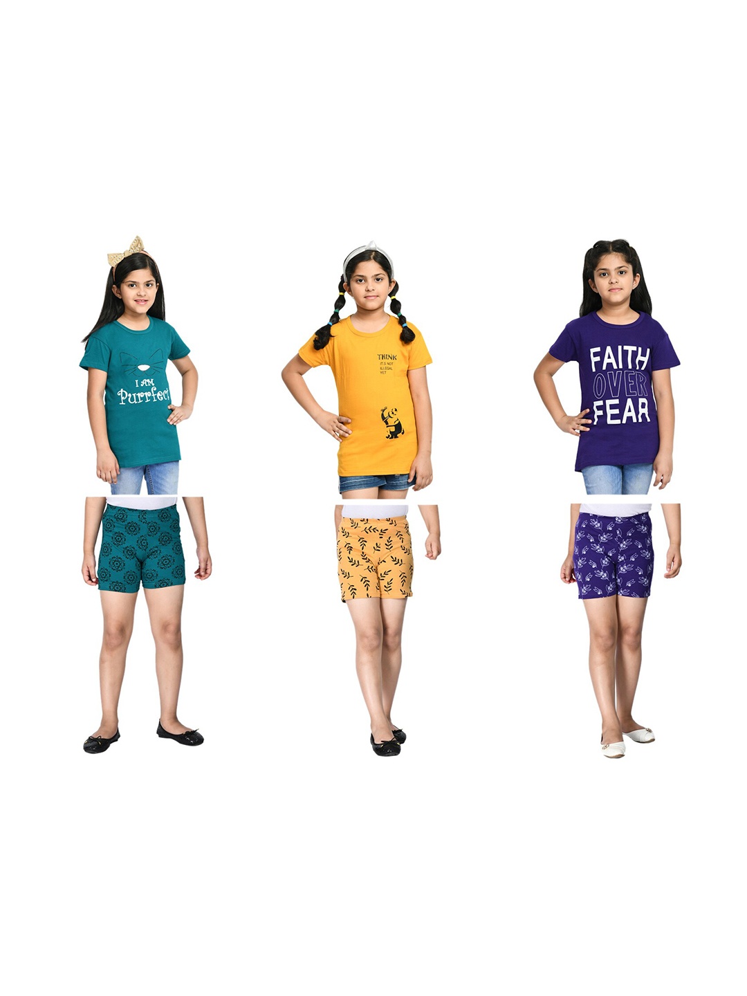 

BAESD Girls Pack of 3 Printed T-shirt with Shorts, Green