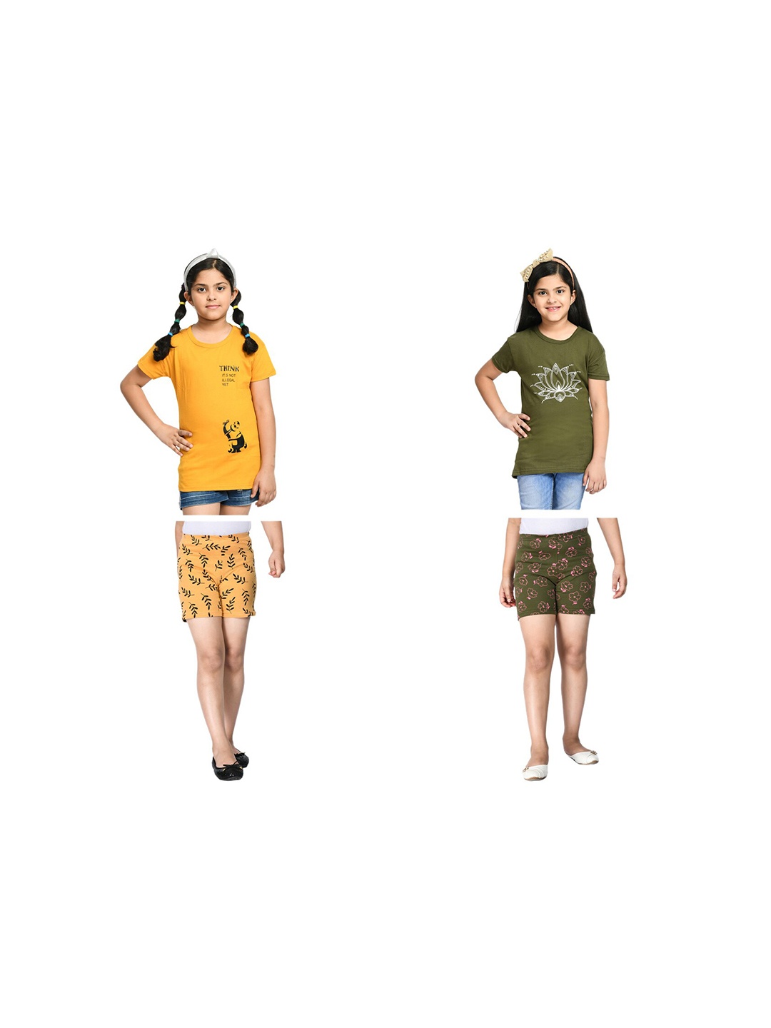 

BAESD Girls Pack Of 2 Printed Pure Cotton T-shirt With Shorts, Yellow