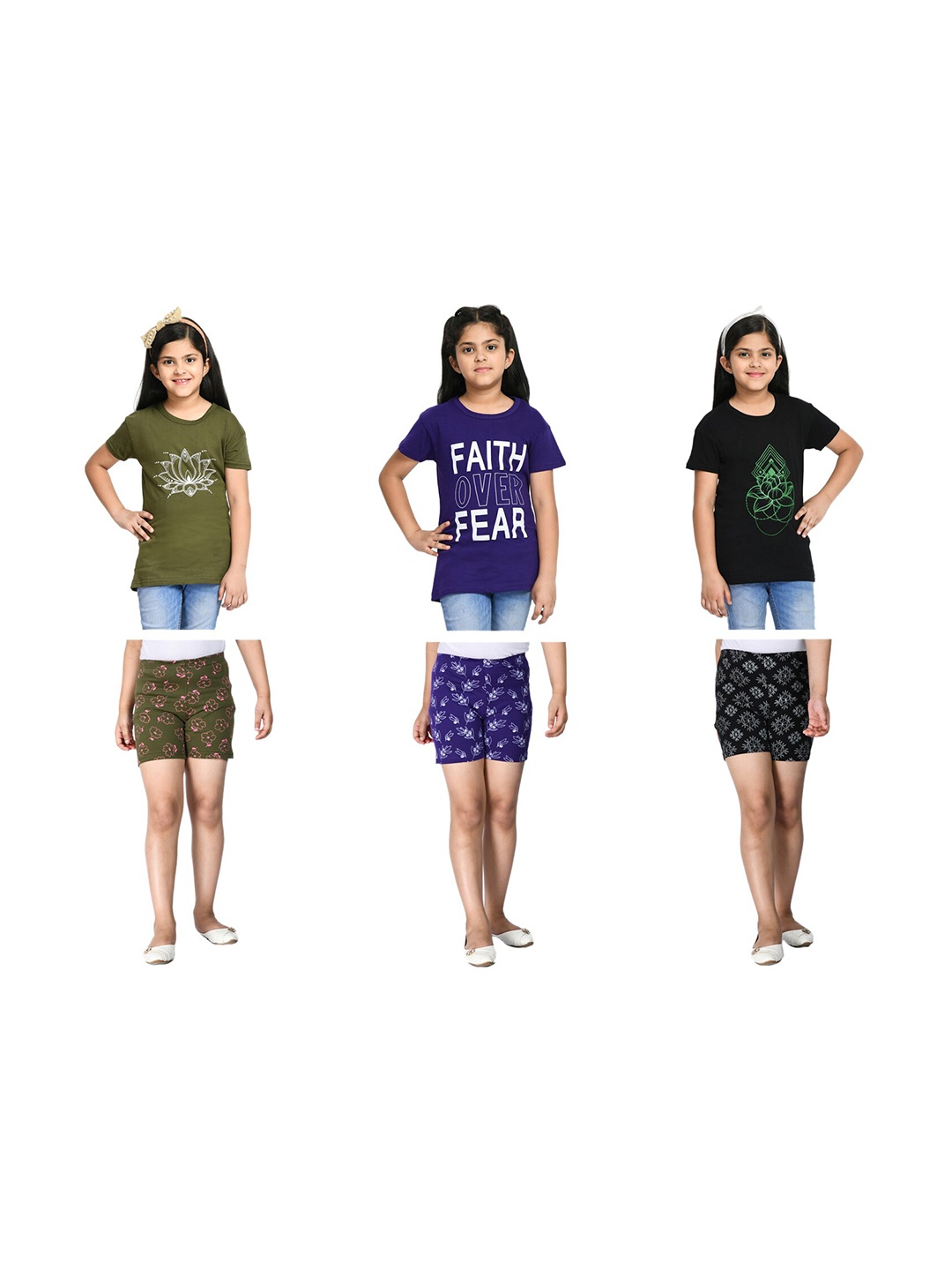 

BAESD Girls Pack Of 3 Typography Printed Pure Cotton Night Suit, Green