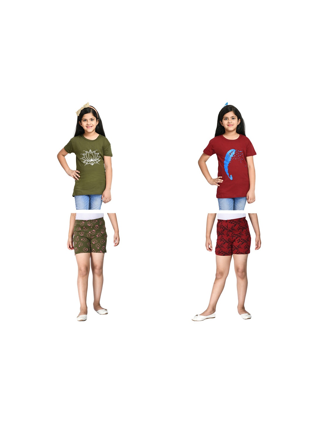 

BAESD Girls Pack Of 2 Printed T-Shirt With Shorts, Olive