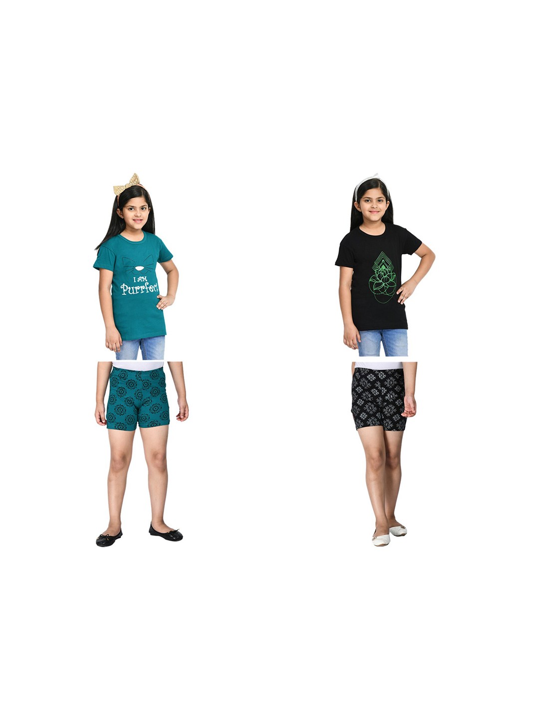 

BAESD Girls Pack of 2 Printed Pure Cotton T-shirt with Shorts, Black