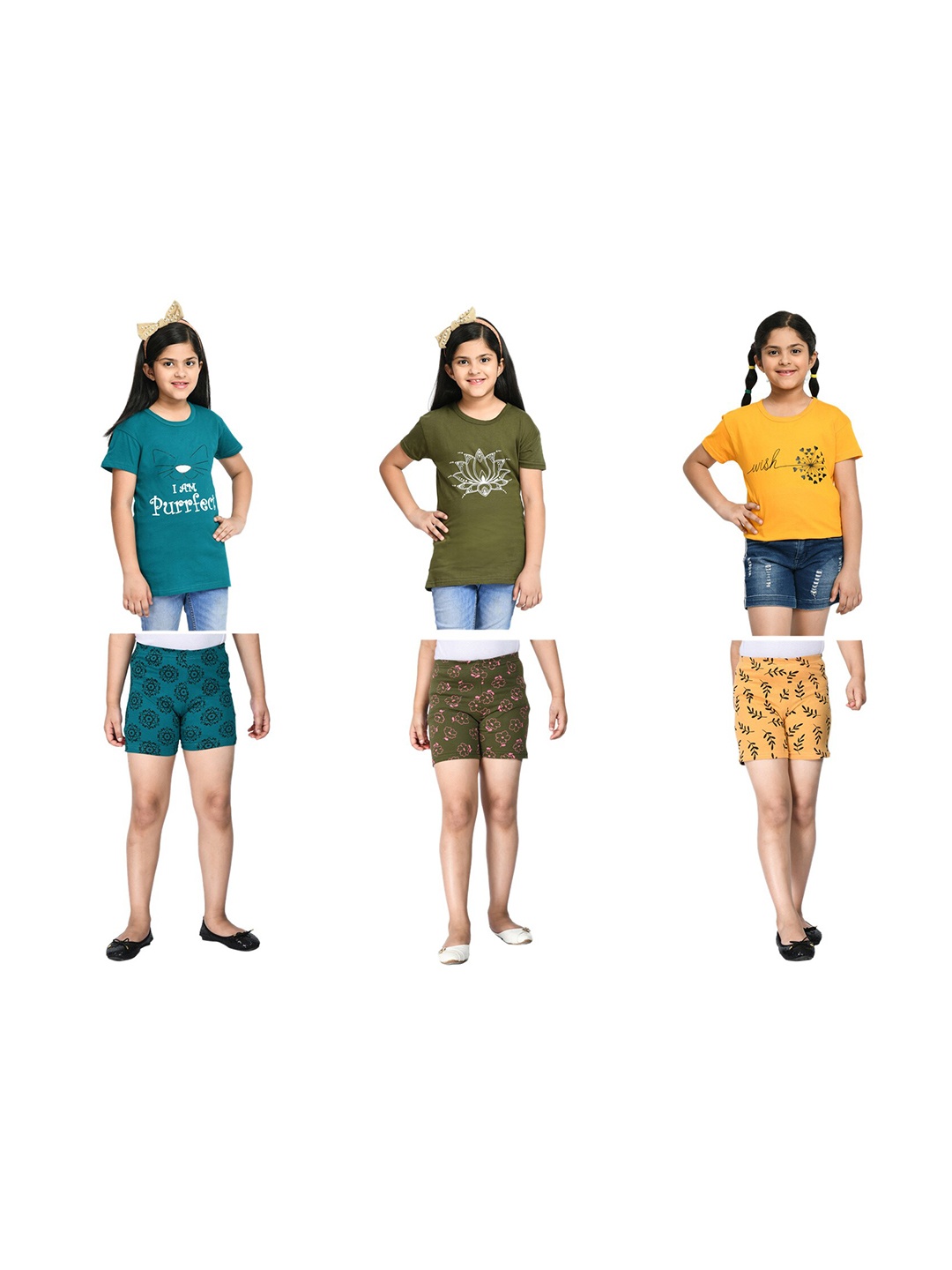 

BAESD Girls Pack of 3 Printed T-shirt with Shorts, Green