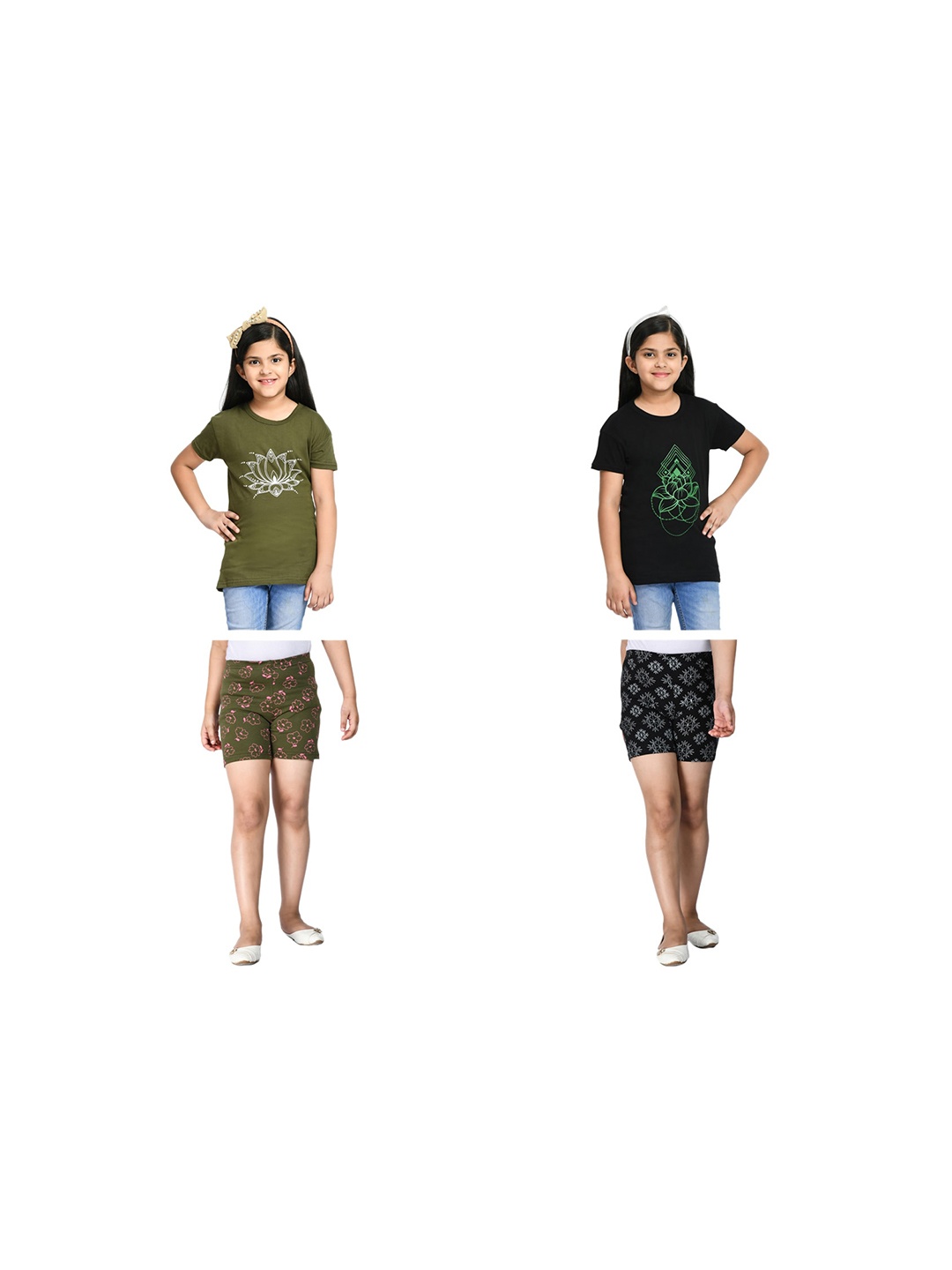 

BAESD Girls Set Of 2 Floral Printed Pure Cotton T-shirt With Shorts, Green