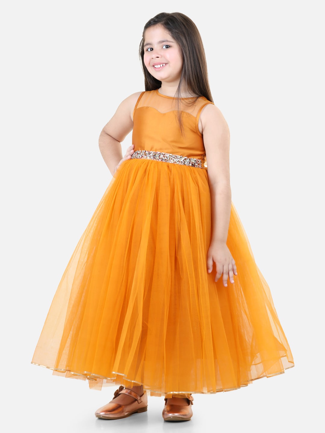 

Toy Balloon kids Girls Embellished Round Neck Tie-Up Fit & Flare Maxi Dress, Orange