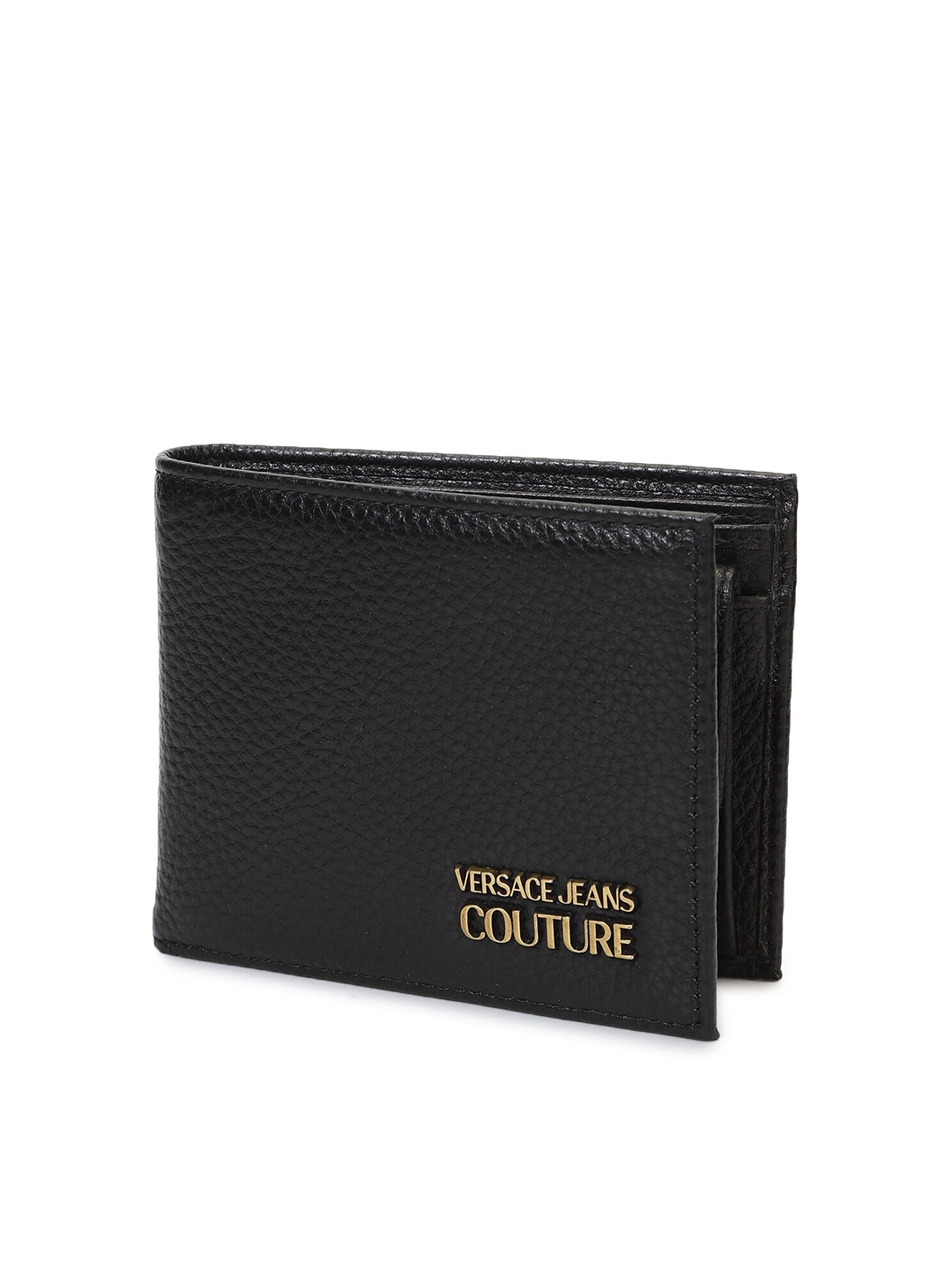 

Versace Jeans Couture Men Black & Gold-Toned Textured Leather Two Fold Wallet