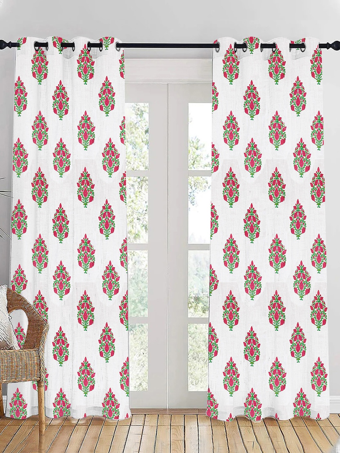 

HOMEMONDE Pink & White 2 Pieces Floral Sheer Cotton Door Curtains