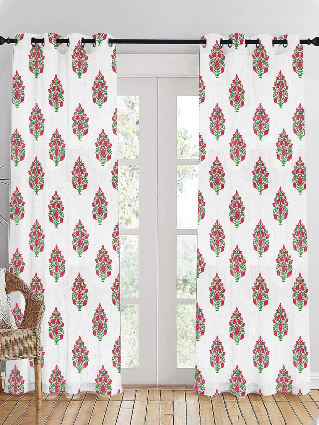 

HOMEMONDE Pink & White 2 Pieces Floral Sheer Cotton Long Door Curtains