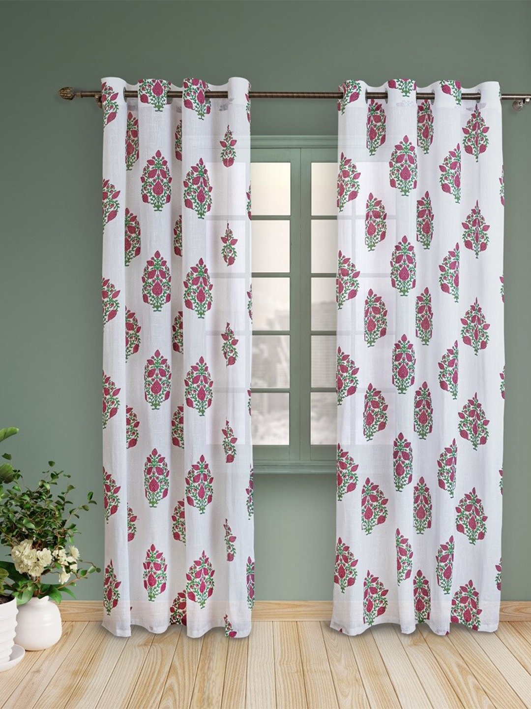 

HOMEMONDE Pink & Green 2 Pieces Floral Sheer Cotton Window Curtains