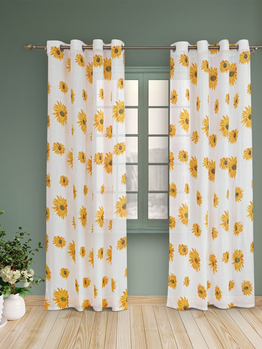 

HOMEMONDE White & Yellow 2 Pieces Floral Sheer Cotton Window Curtains