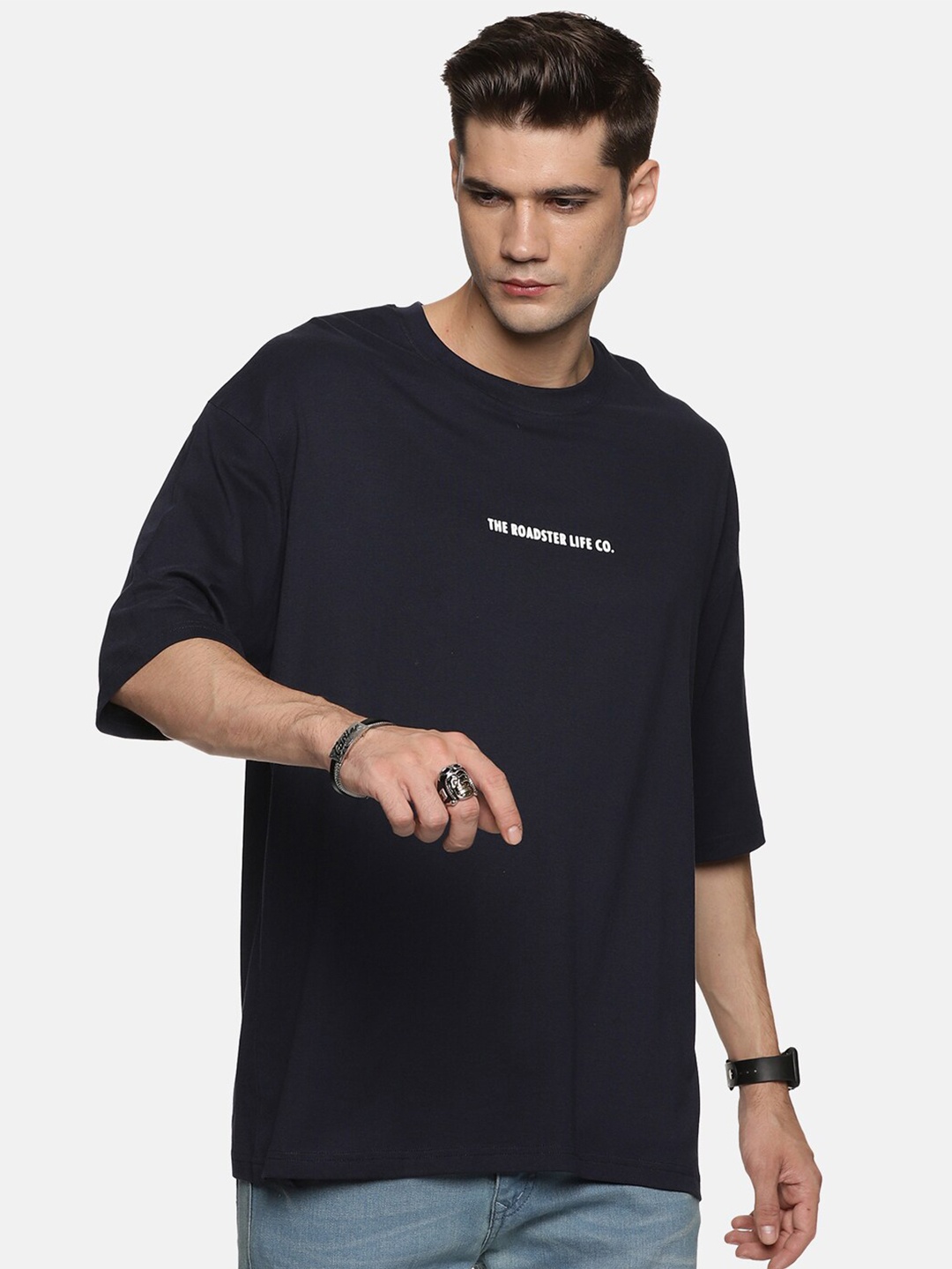 Roadster Navy Blue Drop Shoulder Sleeves Pure Cotton Oversized-Fit T-Shirt