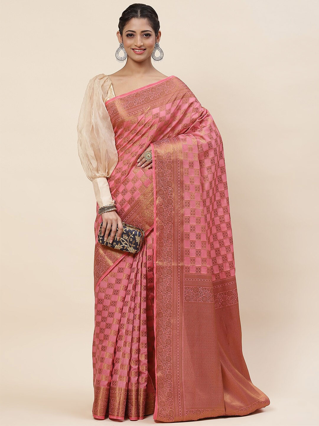 

Meena Bazaar Floral Woven Design Art Silk Zari Saree, Pink