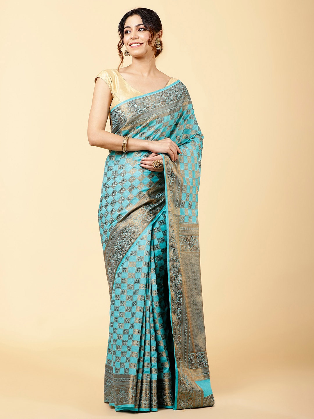 

Meena Bazaar Ethnic Motifs Woven Design Zari Art Silk Saree, Blue