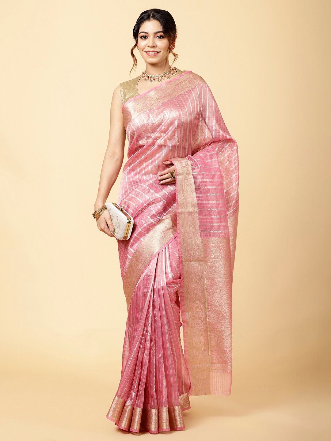 

Meena Bazaar Striped Woven Design Organza Zari Saree, Pink