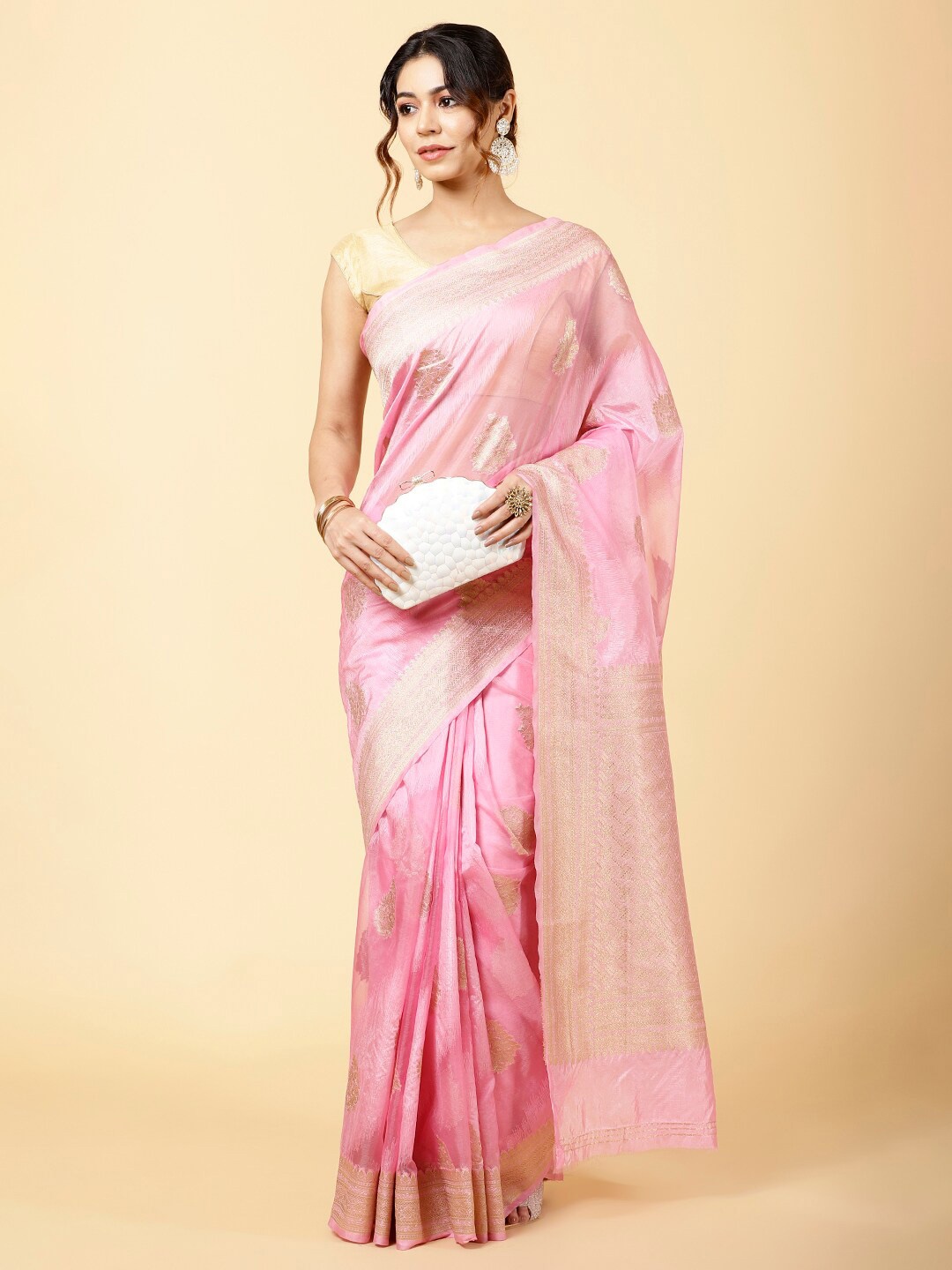 

Meena Bazaar Woven Design Organza Saree With Blouse Piece, Pink